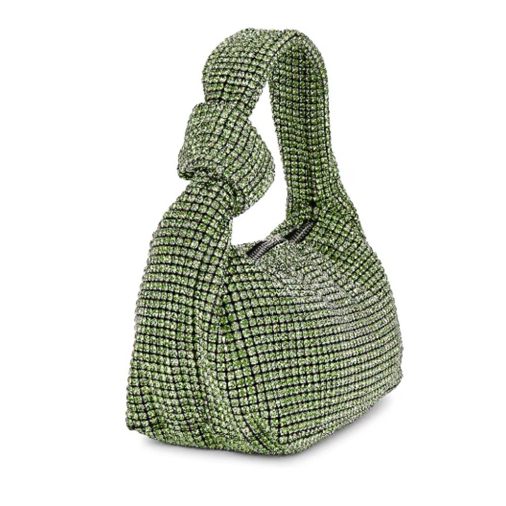 Olga Berg Poly Green Crystal Mesh Shoulder Bag Knotted Handle